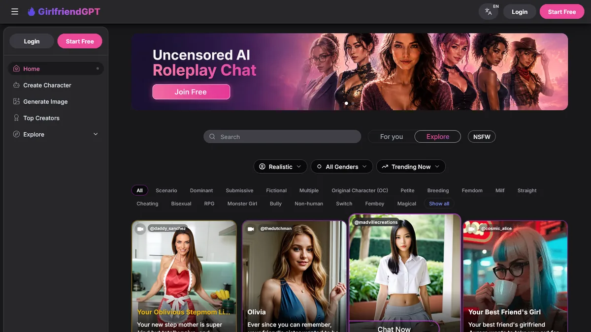 GirlfriendGPT official public character catalogue and roleplay discovery interface