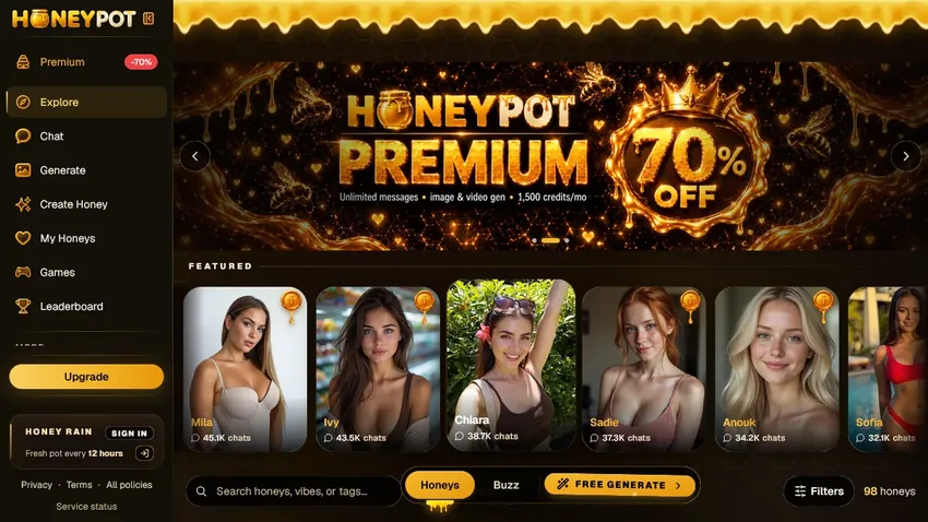 HoneyPot official public catalogue with adult AI characters and Premium banner