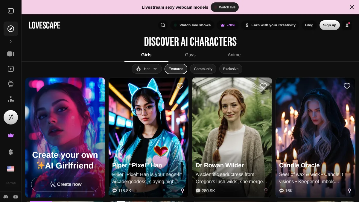 Lovescape official public character discovery page with dressed AI characters