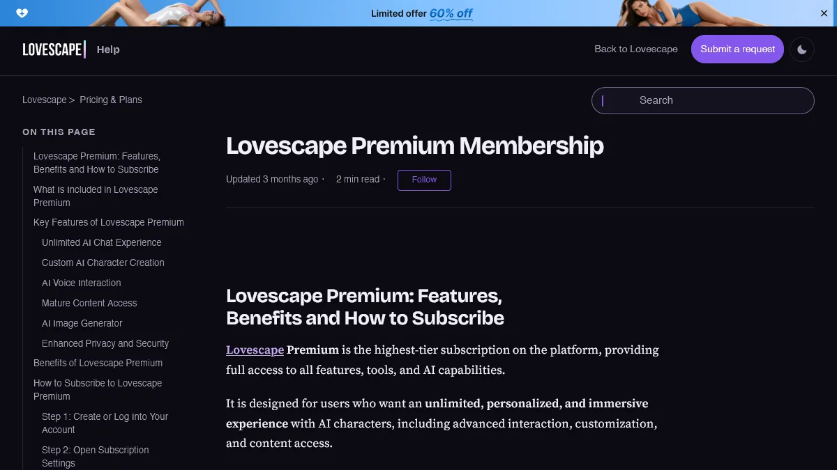 Lovescape Premium membership help center article
