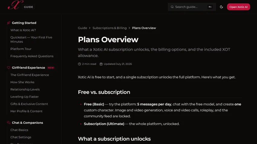 Xotic AI official plans guide showing free and Ultimate access