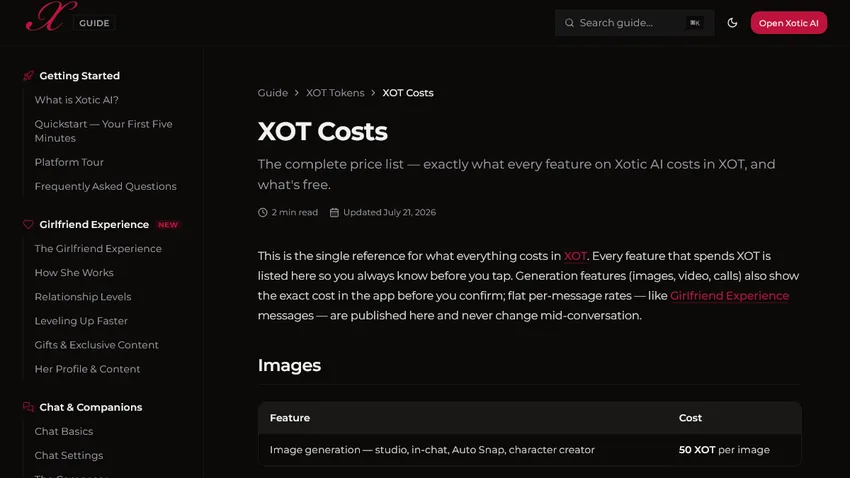 Xotic AI official XOT costs page with image pricing